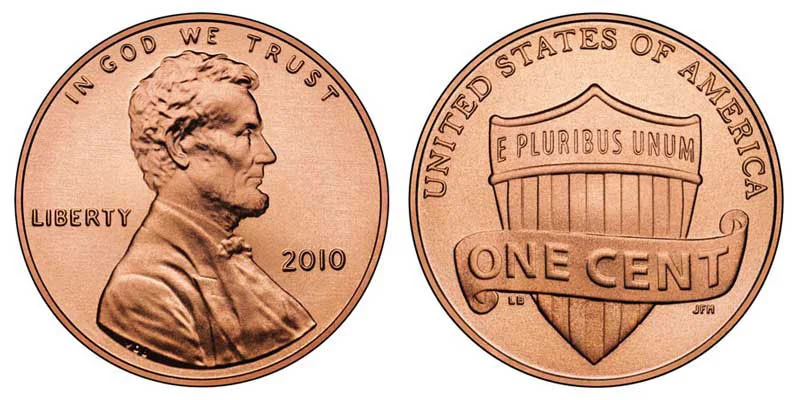 2010 Lincoln Shield cent obverse and reverse showing the Union Shield design