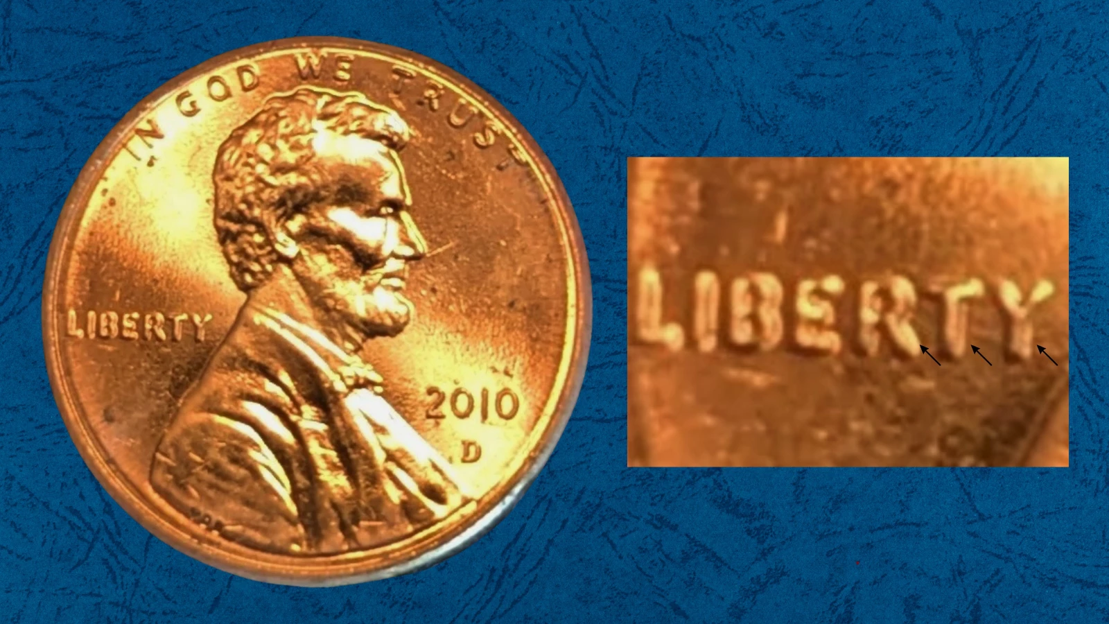 2010 penny doubled die obverse showing doubling on LIBERTY lettering under magnification