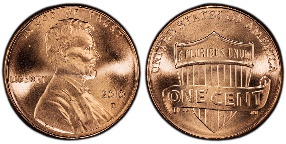 Grading strip showing 2010 Lincoln Shield pennies in four condition tiers from worn to gem MS